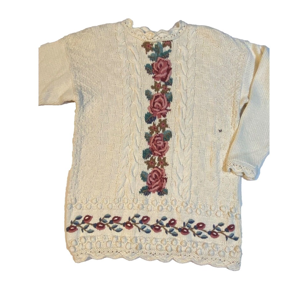Vintage Casual Corner Cream cable knit Sweater Cottagecore‎ Rose Women's M